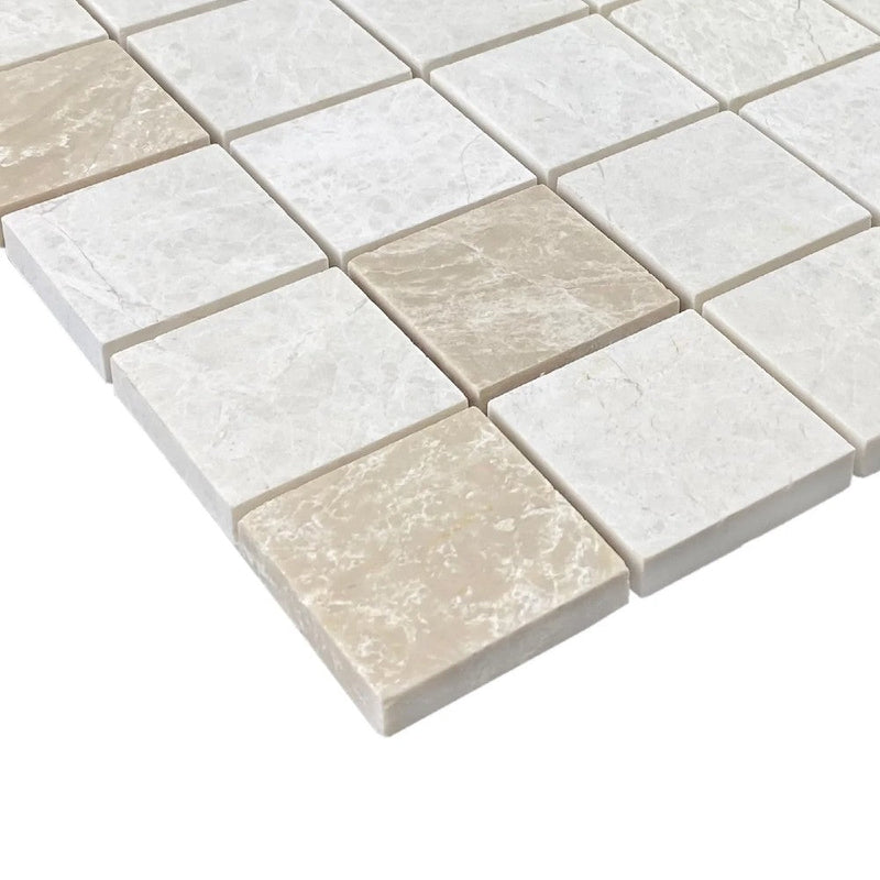 Vanilla Beige Marble 2"x2" Honed on 12" x 12" Mesh Mosaic Tile SKU-HSVB2x2BMOSH corner view