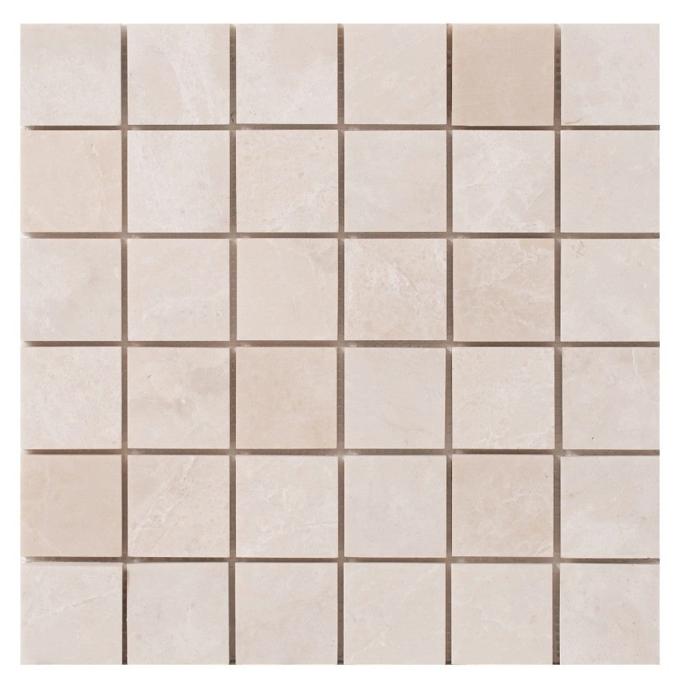 Vanilla Beige Marble 2"x2" Honed on 12" x 12" Mesh Mosaic Tile SKU-HSVB2x2BMOSH on white background