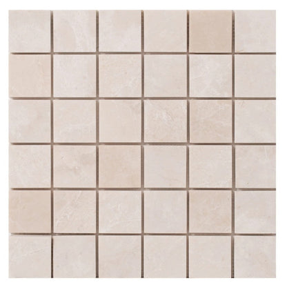 Vanilla Beige Marble 2"x2" Honed on 12" x 12" Mesh Mosaic Tile SKU-HSVB2x2BMOSH on white background