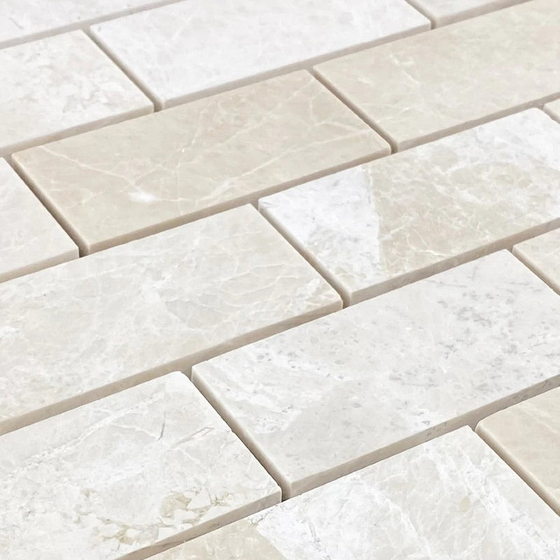 Vanilla Beige Marble 2"x4" Brick Honed on 12" x 12" Mesh Mosaic Tile SKU-HSVB2x4BMOSH close view