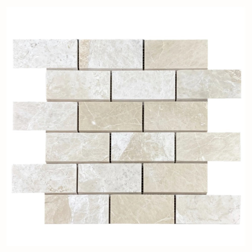 Vanilla Beige Marble 2"x4" Brick Honed on 12" x 12" Mesh Mosaic Tile SKU-HSVB2x4BMOSH on white background