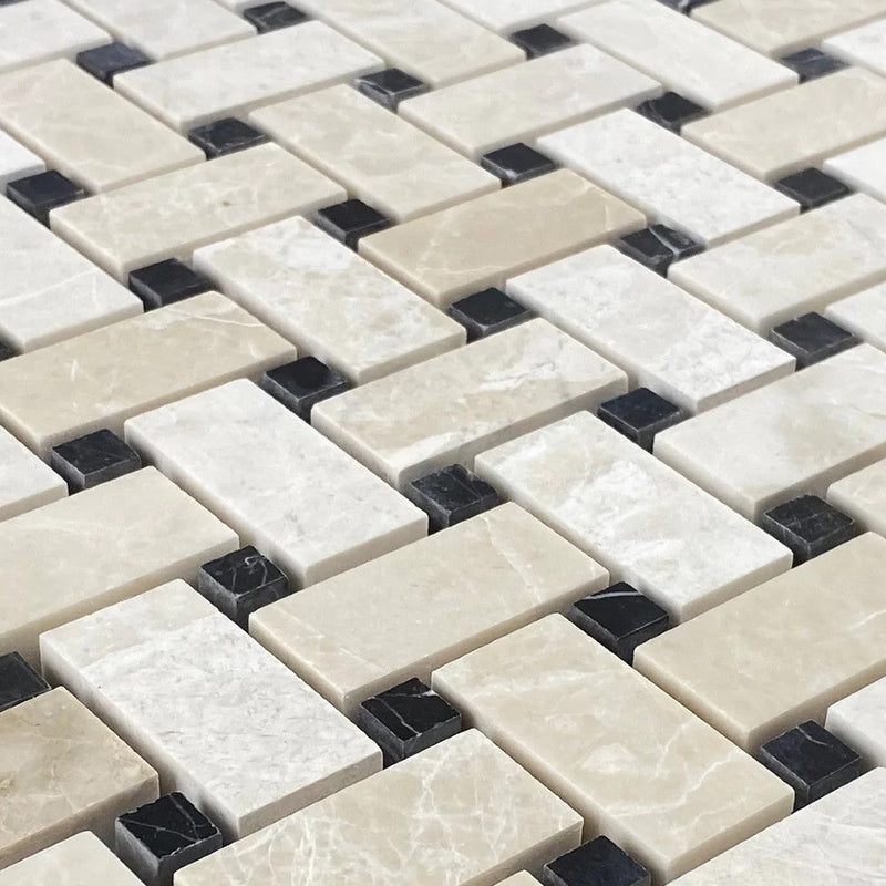 Vanilla Beige Marble Basketweave Design on 12" x 12" Mesh Mosaic Tile SKU-HSVBBWVDMOSH close view