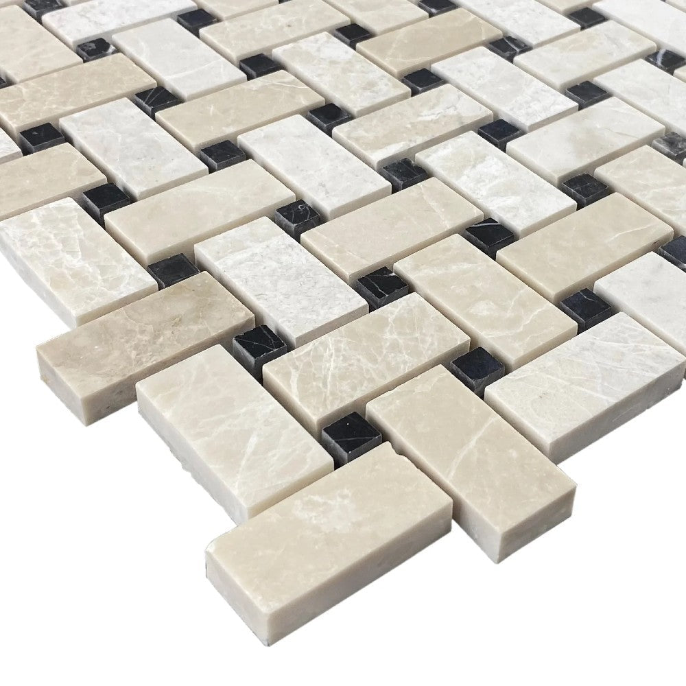 Vanilla Beige Marble Basketweave Design on 12" x 12" Mesh Mosaic Tile SKU-HSVBBWVDMOSH corner view