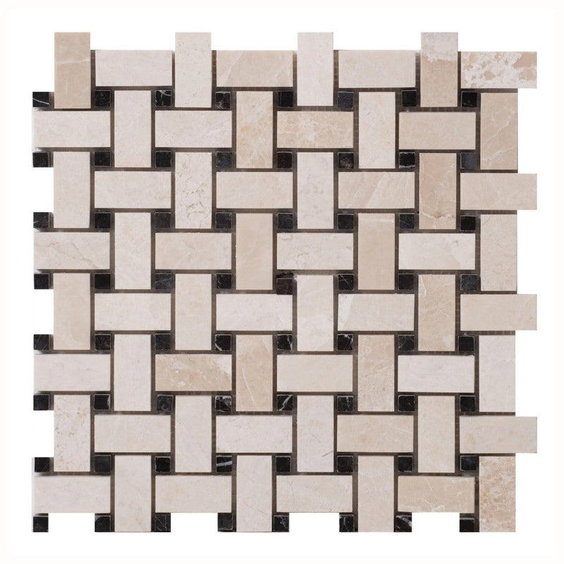 Vanilla Beige Marble Basketweave Design on 12" x 12" Mesh Mosaic Tile SKU-HSVBBWVDMOSH on white background