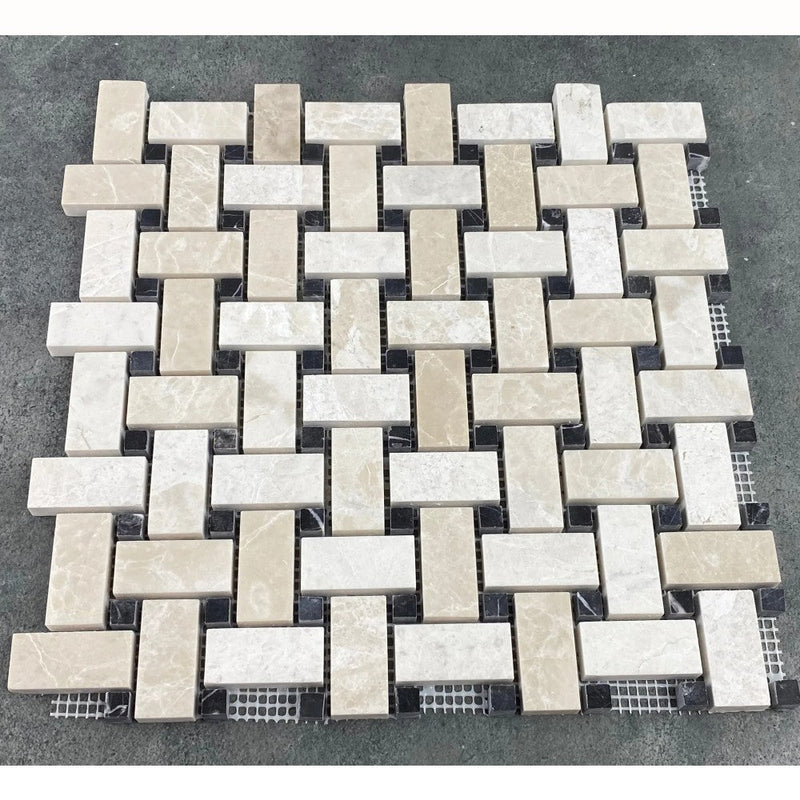 Vanilla Beige Marble Basketweave Design on 12" x 12" Mesh Mosaic Tile SKU-HSVBBWVDMOSH top view