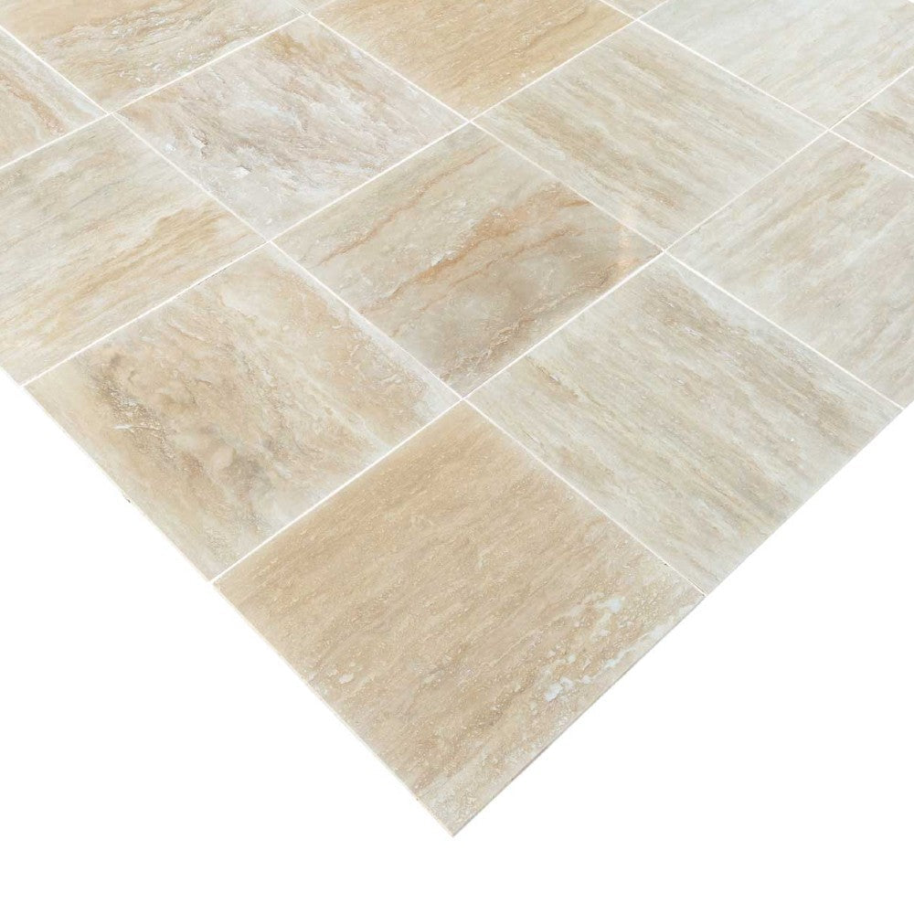 vein cut classic travertine tile size 16"x16" surface polished filled edge straight SKU-20012419.4 Angle shot of product