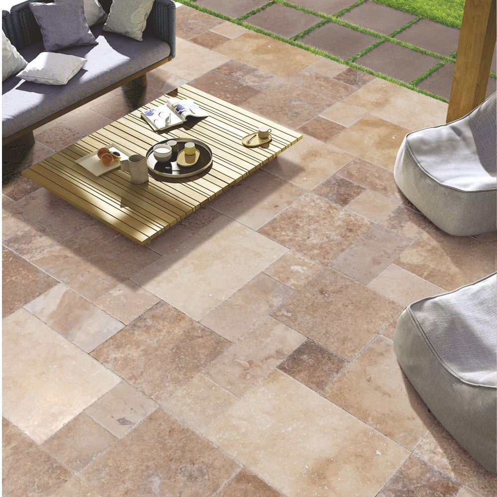 volcano antique French pattern set travertine tile size pattern set surface brushed chiseled SKU-10076976 installed on terrace floor