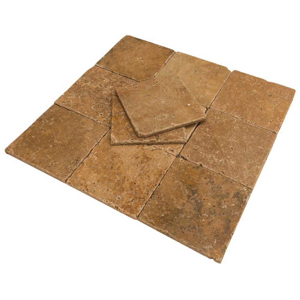 walnut tumbled travertine tiles 8"x8" lightly rounded SKU-20012431 Angle shot of product.