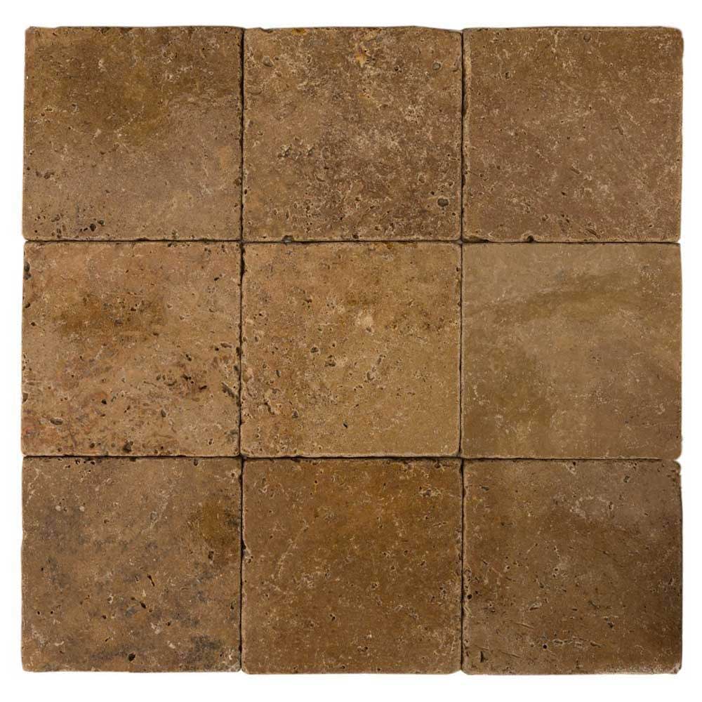 walnut tumbled travertine tiles 8"x8" lightly rounded SKU-20012431 Close-up shot of product.