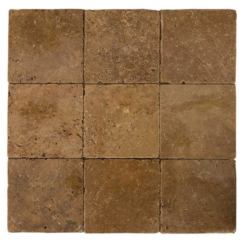 walnut tumbled travertine tiles 8"x8" lightly rounded SKU-20012431 Close-up shot of product.