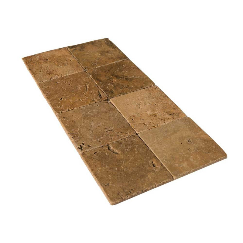 walnut tumbled travertine tiles 8"x8" lightly rounded SKU-20012431 Angle shot of travertine tile