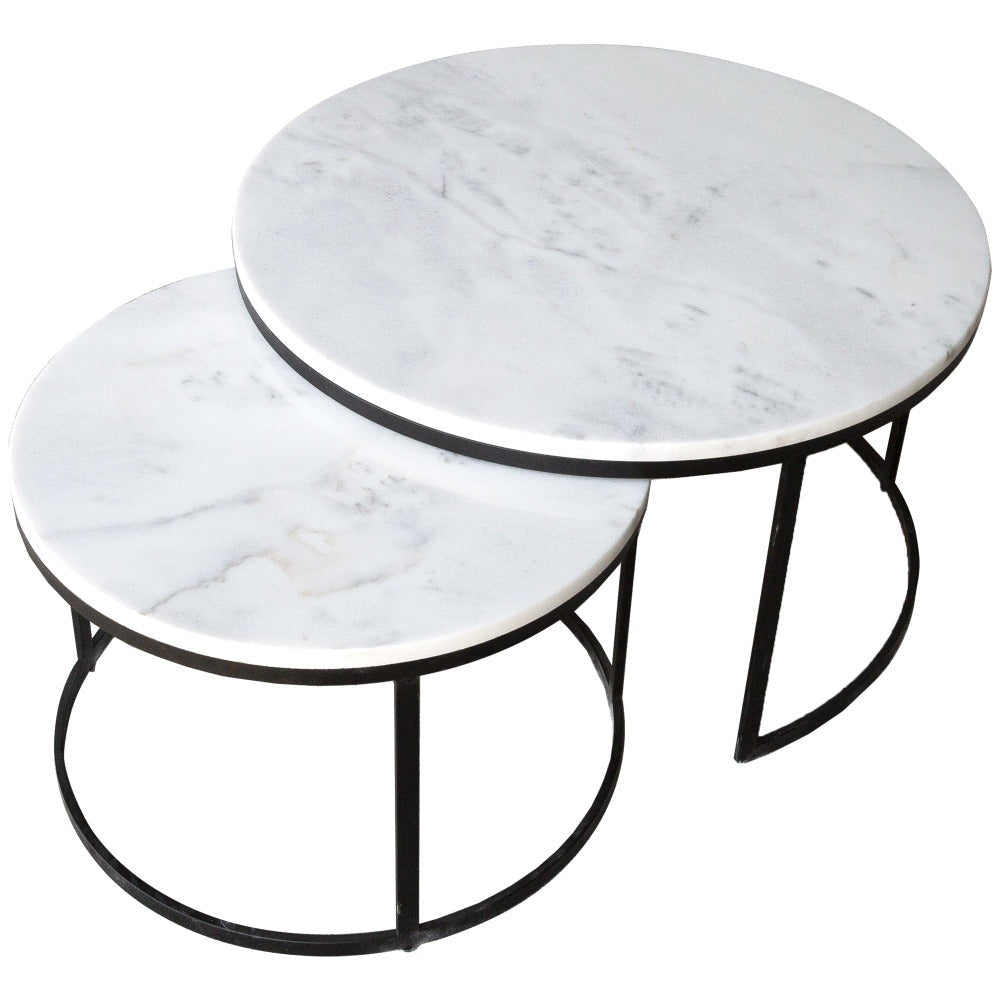 Carrara White Marble Nesting Coffee Table Round Set of 2